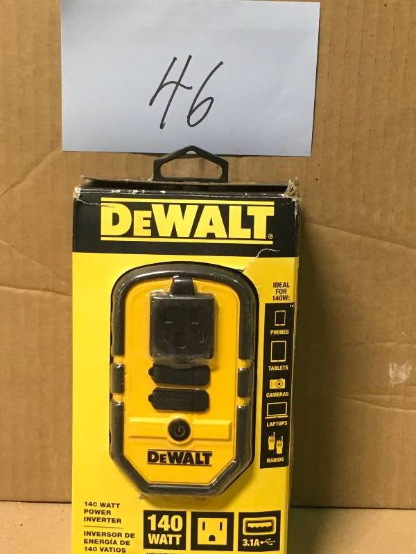 lot 46 image: DEWALT 140-Watt Power Inverter with Dual USB Ports