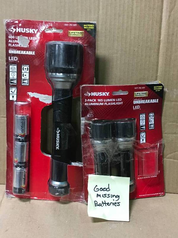 lot 57 image: LOT OF 2 TOOLS (1) Husky 600 Lumens Virtually Unbreakable Alumum Flashlight AND (1) Husky 165 Lumen LED Virtually Unbreakable Aluminum Flashlight not used