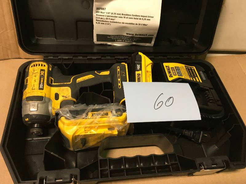 lot 60 image: DeWalt DCF887D2 20-Volt Max XR Lithium-Ion Cordless 14-Inch Impact Driver Kit USED  in good working condition