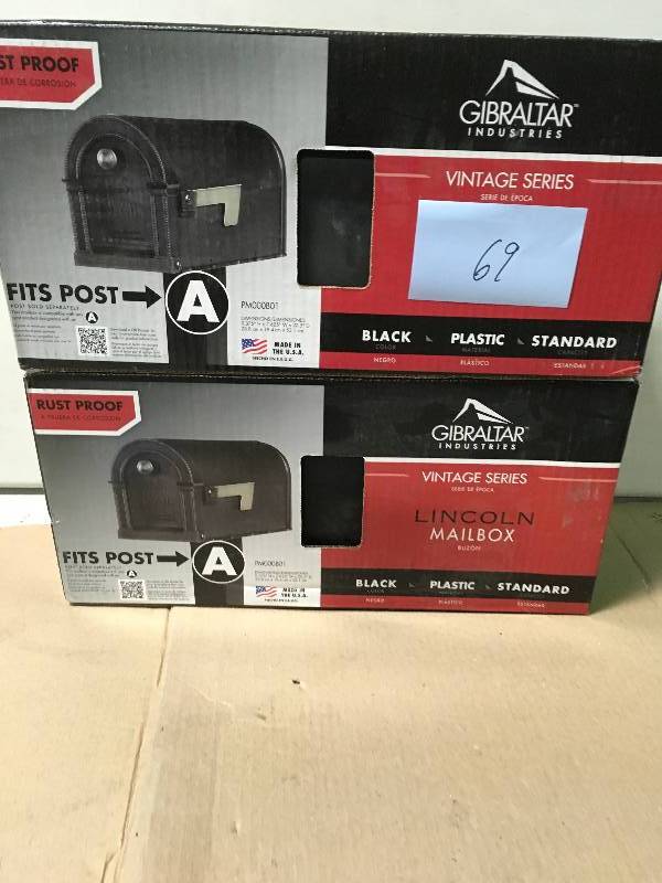 lot 69 image: Gibraltar Mailboxes Lincoln Decorative Plastic Post-Mount Mailbox, Black LOT OF 2