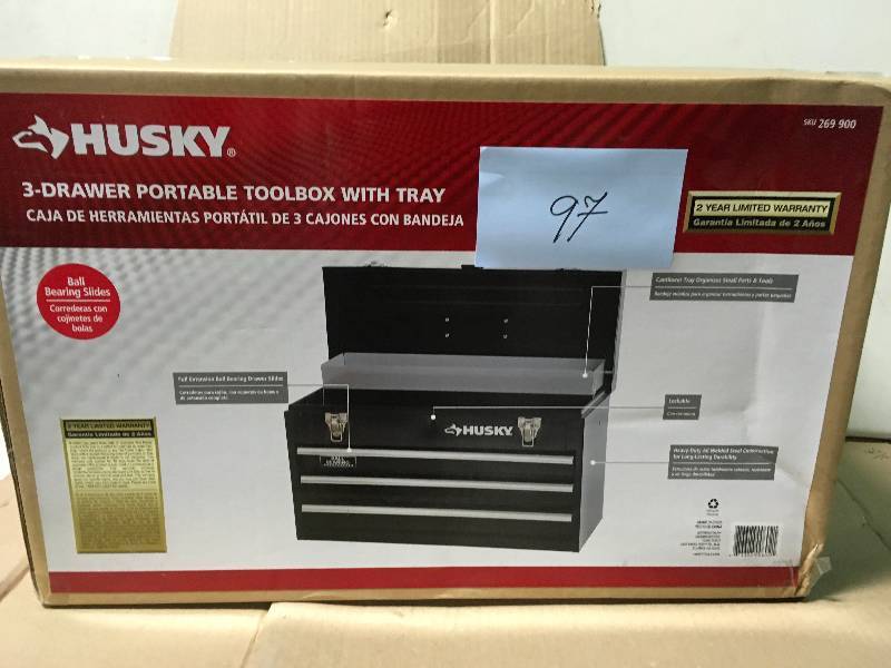 lot 97 image: Husky 20 in. 3-Drawer Portable Tool Box with Tray not used
