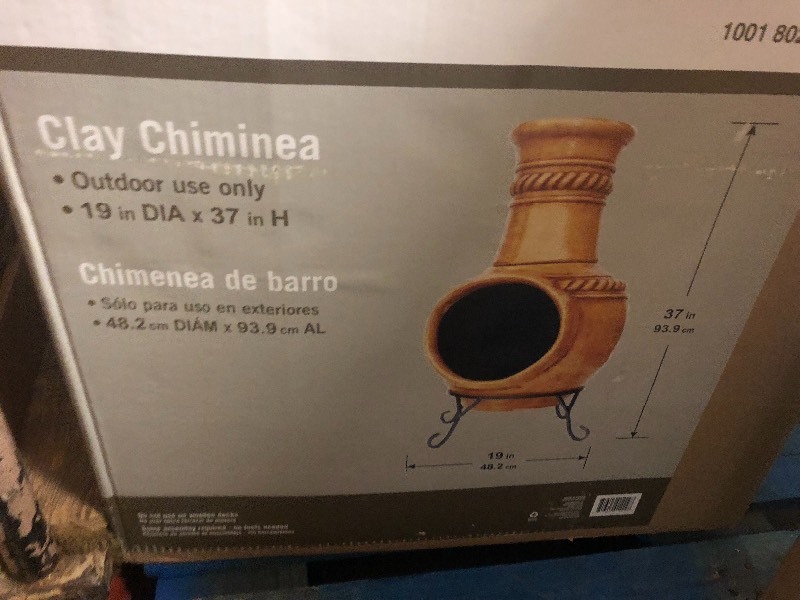 lot 104 image: 37 in. Clay KD Chiminea with Iron Stand (Rope)  not used