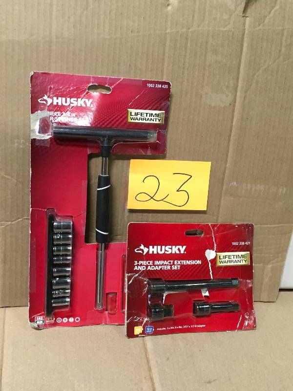 Lot 2 Misc Tools(1) Husky 14 in. T-Handle Spinner Set ( Missing 2 pcs) PLUS (2) Husky 38 in. Drive Impact ExtensionAdapter Set (3-Piece) not used