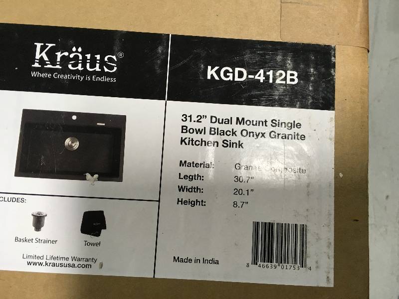 Kraus Kitchen Sink Series KGD412B 31 UndermountDrop-In Single Bowl Granite Kit not used