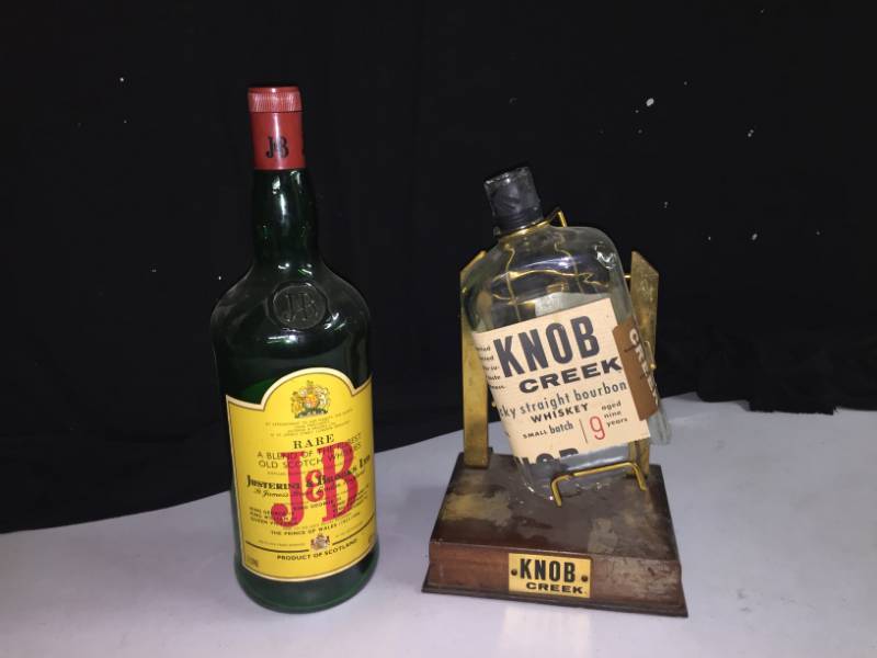 lot 242 image: J & B Whisky bottle and Knob Creek pouring stand
