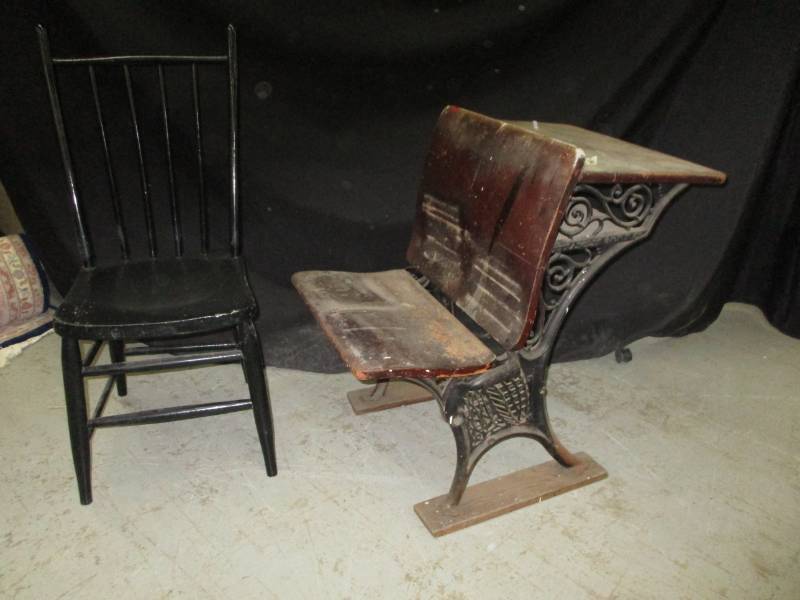 Antique Desk with decorative metal and Chair