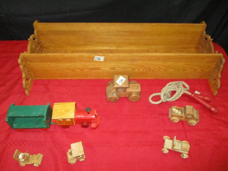 Wood car and train toys and shelf
