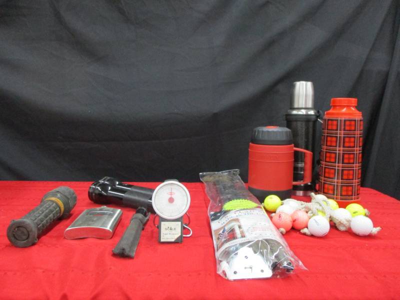 Flashlights, Flask, Scale, thermous, flag pole and golf balls for game