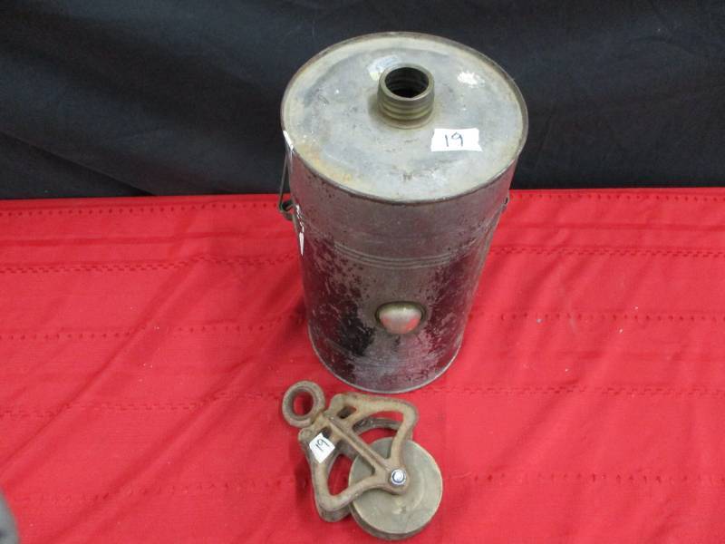 Vintage fuel can wmechanical gauge  antique barn pulley