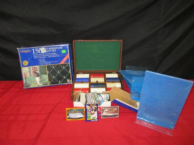 Set of poker chips wcase, Baseball cards, picture frames, X mas lights