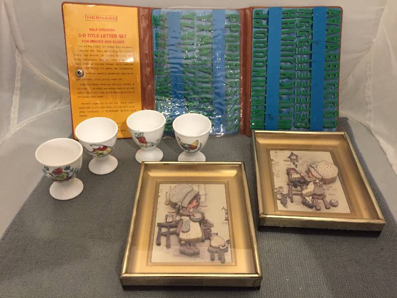 lot 531 image: Vintage Egg Cup Set, 3-D Holly Hobbie Pictures, Lettering Set