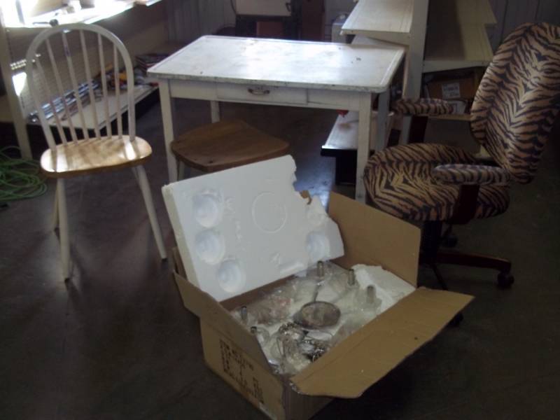 lot 64 image: Vintage Metal top table, office chair, light fixture, chair and stool