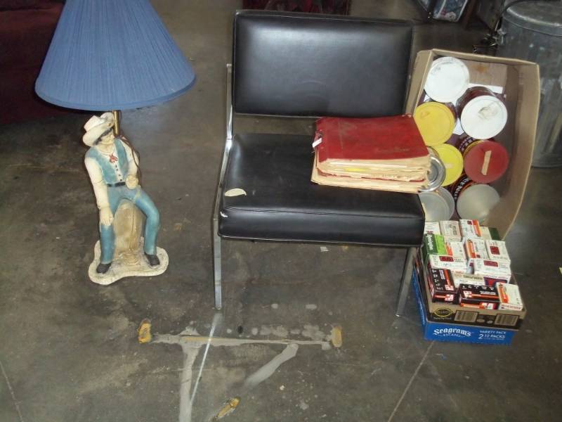 lot 65 image: Vintage Cowboy Chalkware lamp, Shell boxes, 1950s Scrap book, Coffee Cans and mid modern century office chair
