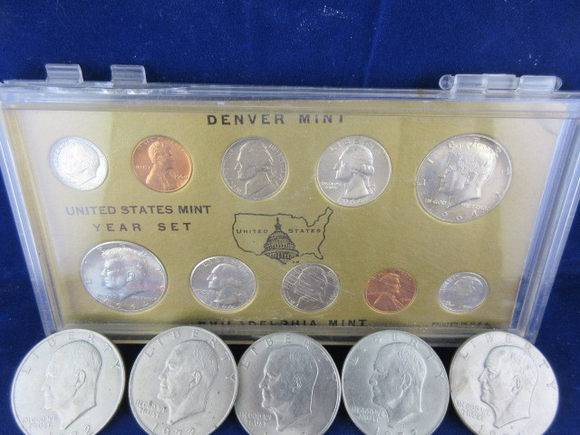 1964 SILVER MINTS SET, BAG OF WHEAT CENTS, IKE DOLLARS