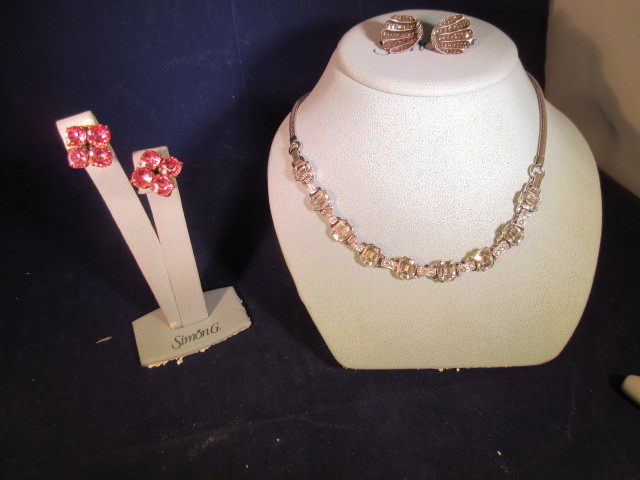 STERLING VINTAGE RHINESTONE NECKLACE  2 PAIRS OF EARRINGS