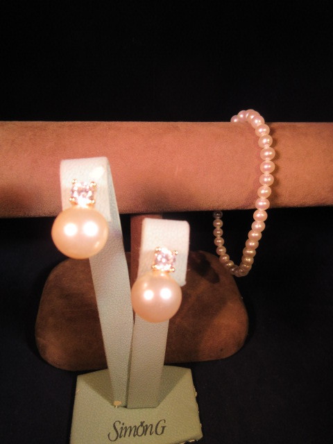 .925 CULTURED PEARL BRACELET & 925 VERMEIL FAUX PEARL CZ EARRINGS