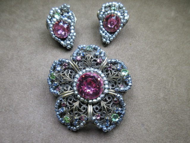 SIGNED MIRIAM HASKELL PIN & CLIP EARRINGS