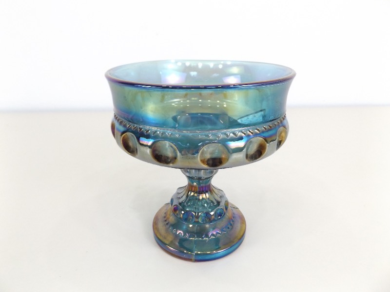 lot 24 image: Vintage Indiana Blue Carnival Glass Kings Crown Pedestal Bowl