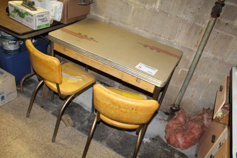 lot 8 image: Metal Dining Table with Fold-Out Extensions, Drawer, Two Padded Dining Chairs