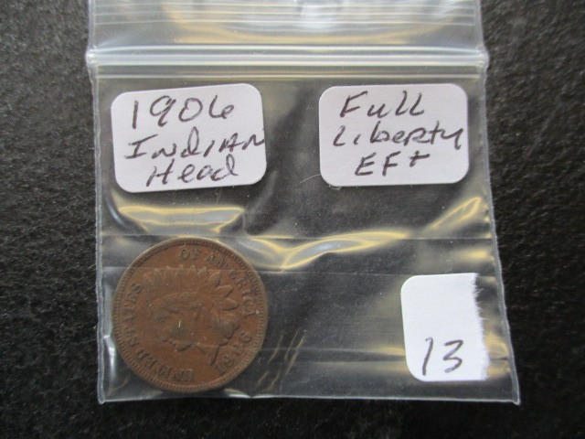 lot 13 image: Extra Fine  1906 Full Liberty Indian Head Cent