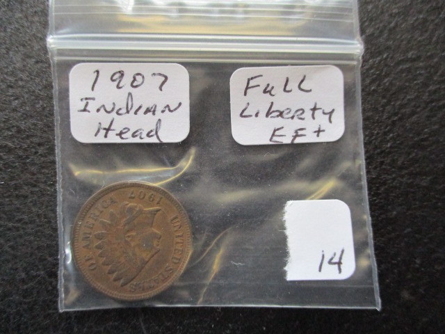 lot 14 image: Extra Fine 1907 Full Liberty Indian Head Cent