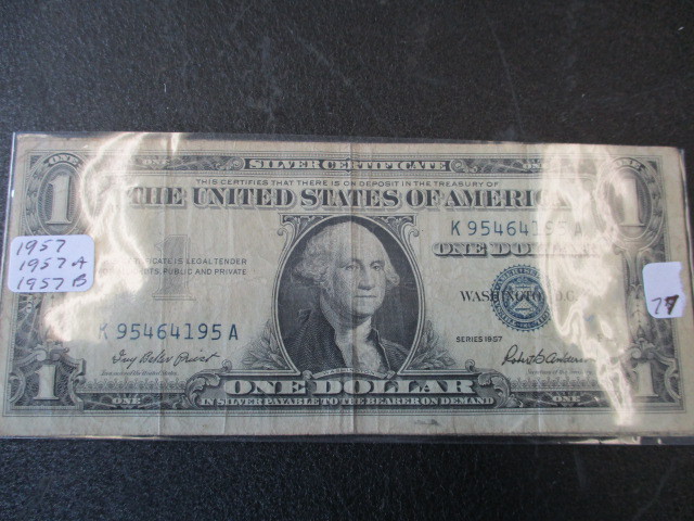 lot 77 image: Lot of (3) #1 Silver Certificates - 1957,1957-A,1957-B