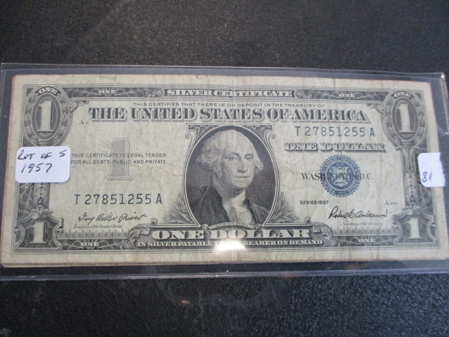 lot 81 image: Lot of (5) Series 1957 $1 Silver Certificates