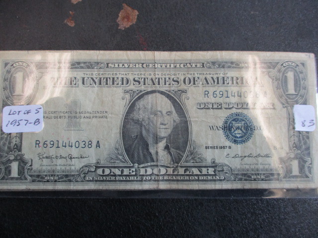 lot 83 image: Lot of (5) Series 1957-B $1 Silver Certificates