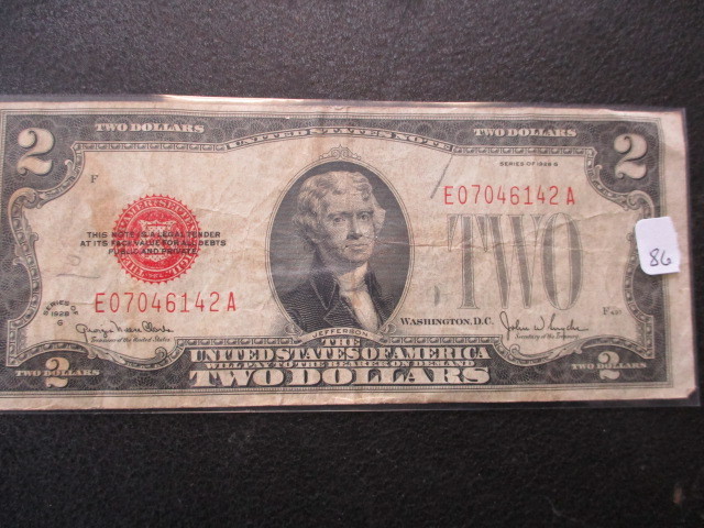 lot 86 image: Series 1928-D Red Seal $2 Note- Hard to find these days