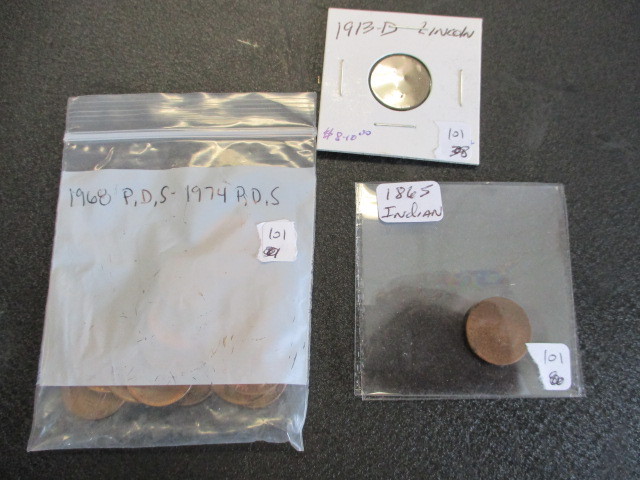 lot 101 image: 1865 Indian Head Penny1913-D Lincoln Penny1968-1974 P,D,S Pennies