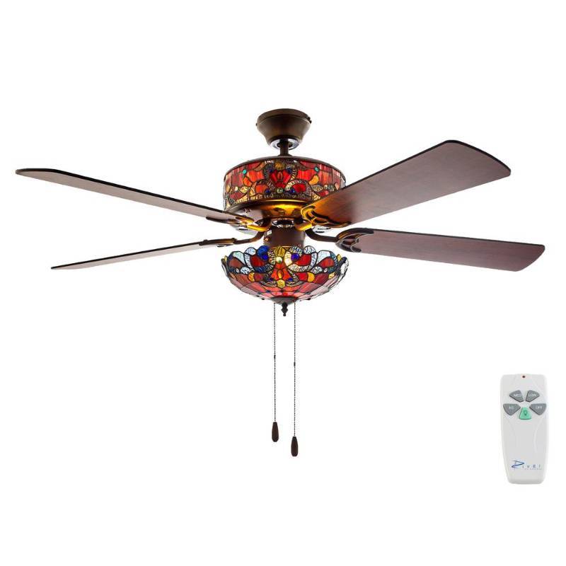 lot 35 image: Tiffany-Style 52 Magna Carta Double Lit Stained Glass Ceiling Fan w Remote, Retail $209.99