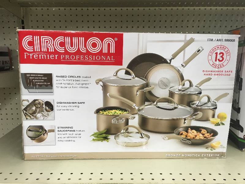 lot 7 image: Circulon 13-PC Hard Anodized Cookware, Retail $199.99