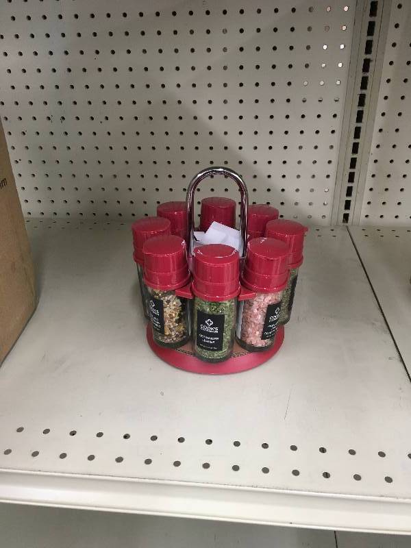 lot 26 image: Cooks Companion Set of 8 Glass Spice Grinders w Assorted Spices & Rotating Carousel, Retail $34.99