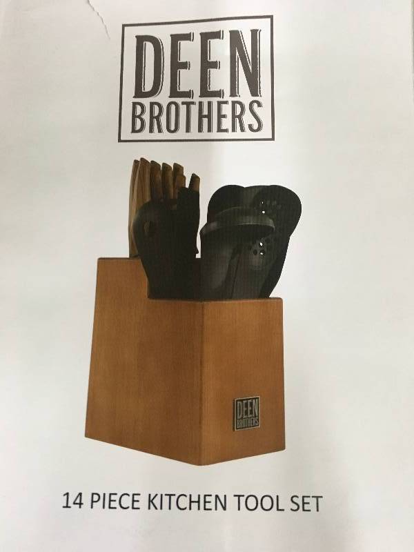 lot 31 image: Deen Brothers Universal 14-Piece Knife, Kitchen Tool & Wood Block Set, Retail $44.99