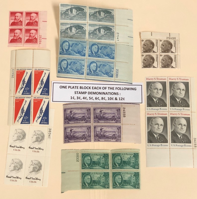 (8) Different-Denominations Stamp Plate Blocks