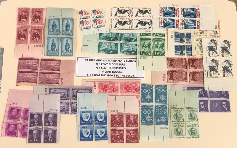 (21) Different Mint U.S. Stamp Plate Blocks
