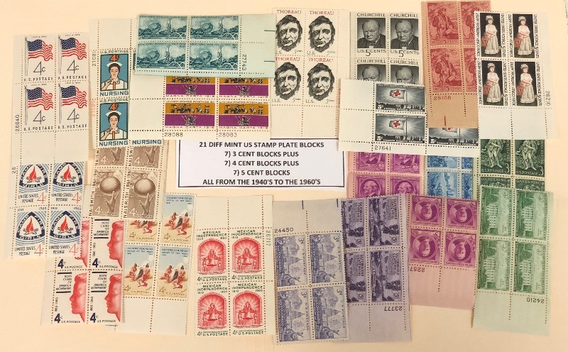 (21) Different Mint U.S. Stamp Plate Blocks