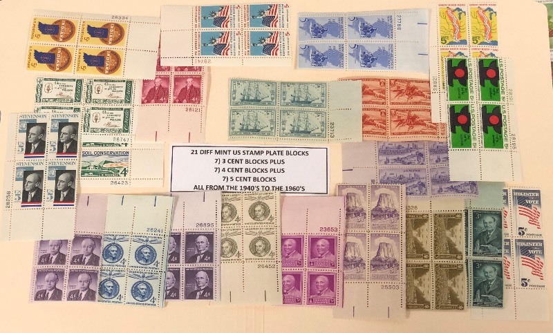(21) Different Mint U.S. Stamp Plate Blocks