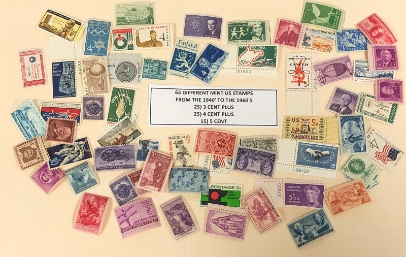 (65) Different Mint U.S. Stamps
