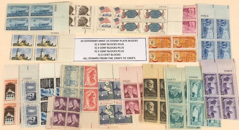 (20) Different Mint U.S. Stamp Plate Blocks