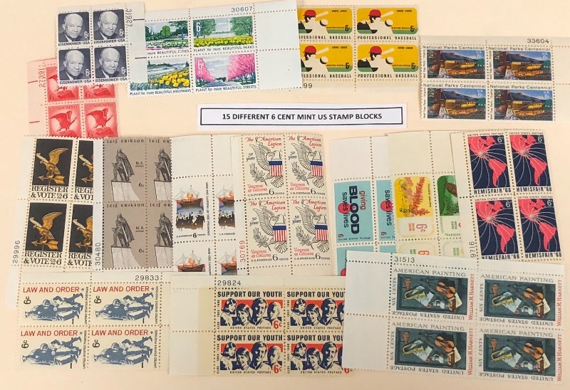 (15) Different Mint U.S. Stamp Blocks