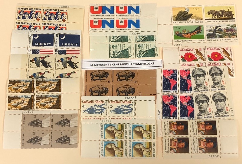 (15) Different Mint U.S. Stamp Blocks