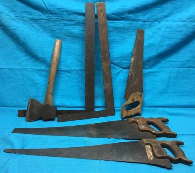 lot 10 image: Vintage Saws, Hand Ax, and Square