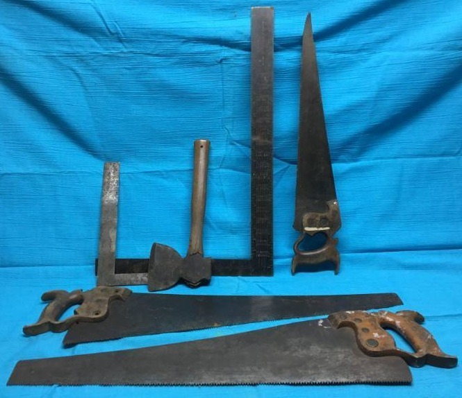 lot 11 image: Vintage Saws, Hand Ax, and Square