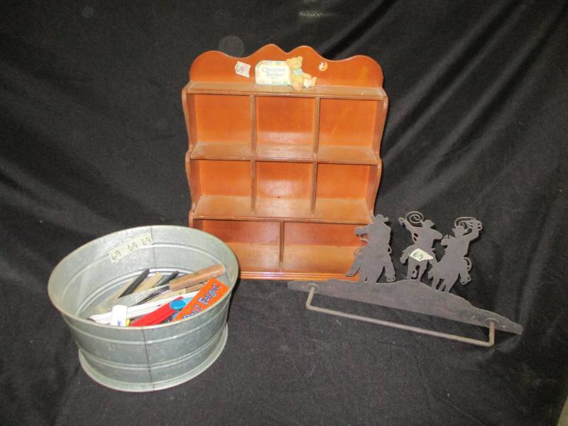 Metal Cowboy towel holder, bear shelf and various kitchen utinsils