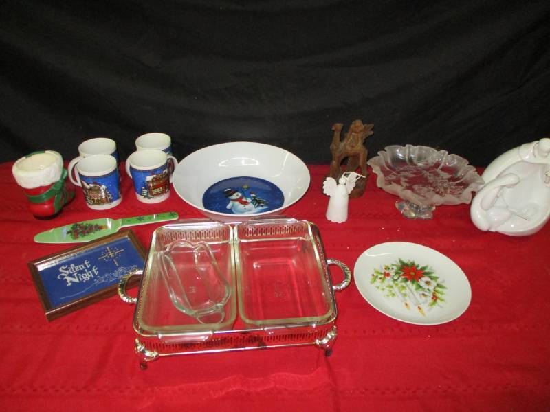 Various Christmas items and serving Pieces