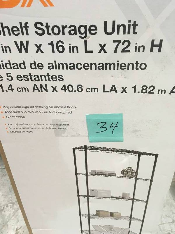 lot 34 image: HDX 5-Tier Black Wire Shelving Unit  in like new condition