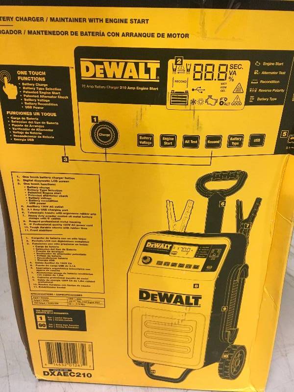 lot 40 image: DEWALT 70 Amp Rolling Charger with 210 Amp Engine Start USED good condition