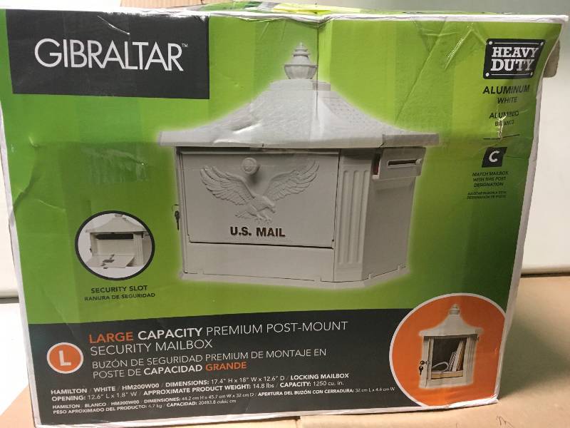 lot 56 image: Gibraltar Mailboxes Hamilton White Locking Aluminum Large Post-Mount Mailbox OPEN BOX