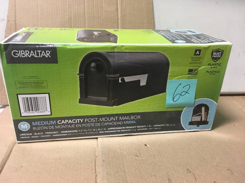 lot 62 image: Gibraltar PM000B01 Lincoln Decorative Post Mount Mailbox, Black, Polypropylene